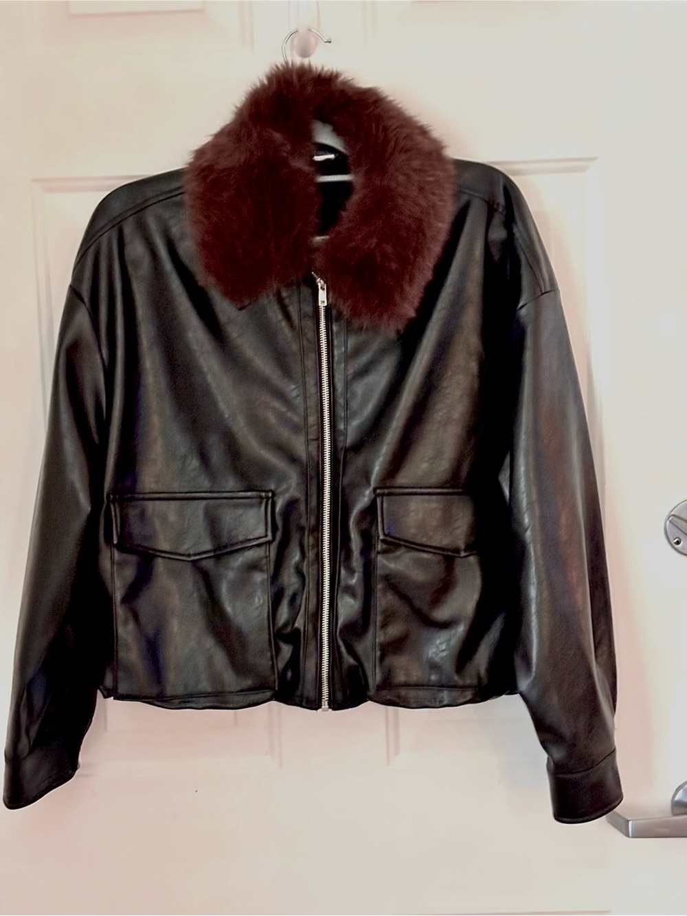 H&M Black Bomber Jacket with Brown Fur removable Collar